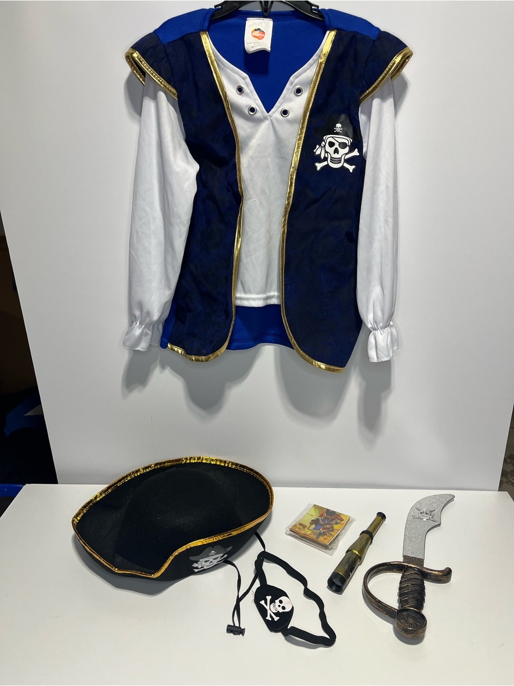 Pirate costume lot - kids small (4t-6) shirt, hat, patch, sword, map, telescope